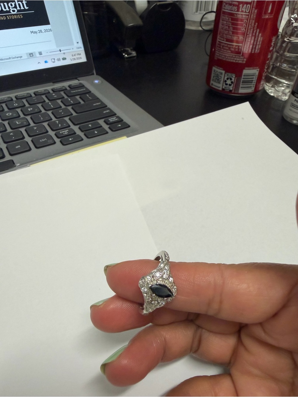 Blue Apple Co. Silver Ring with Black Marquise Stone and Clear Accents